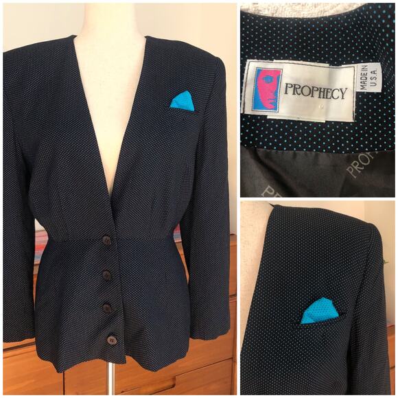 Vintage Prophecy Polka Dot Collarless Blazer 6 (S) Made USA Preppy Retro 80s 90s - Picture 1 of 14